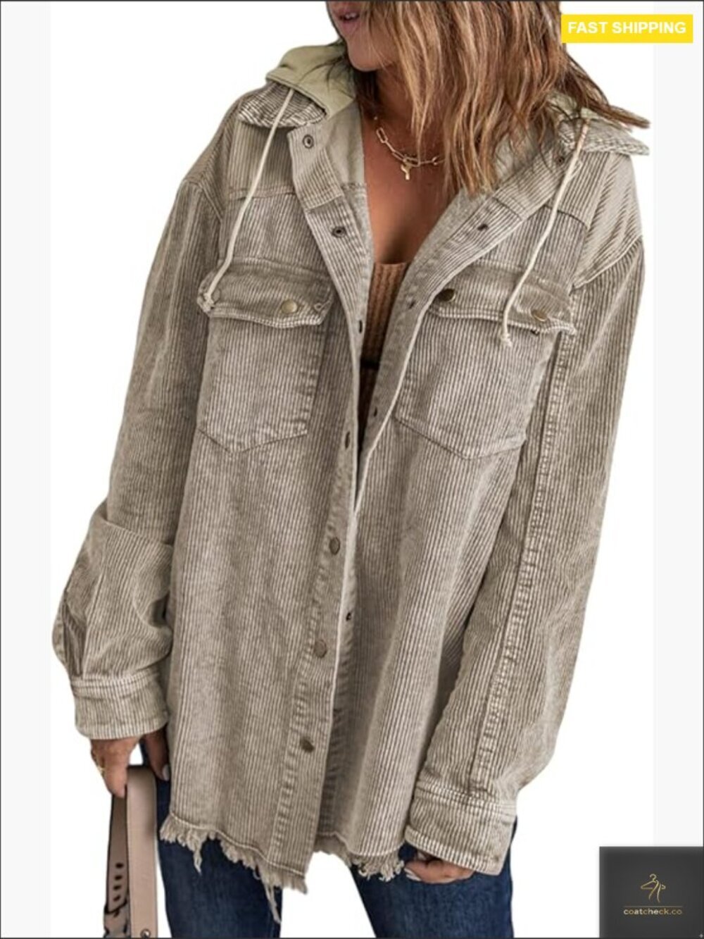 Corduroy Shacket Jacket Long Sleeve Button Down Hooded Coat with Pockets Loose